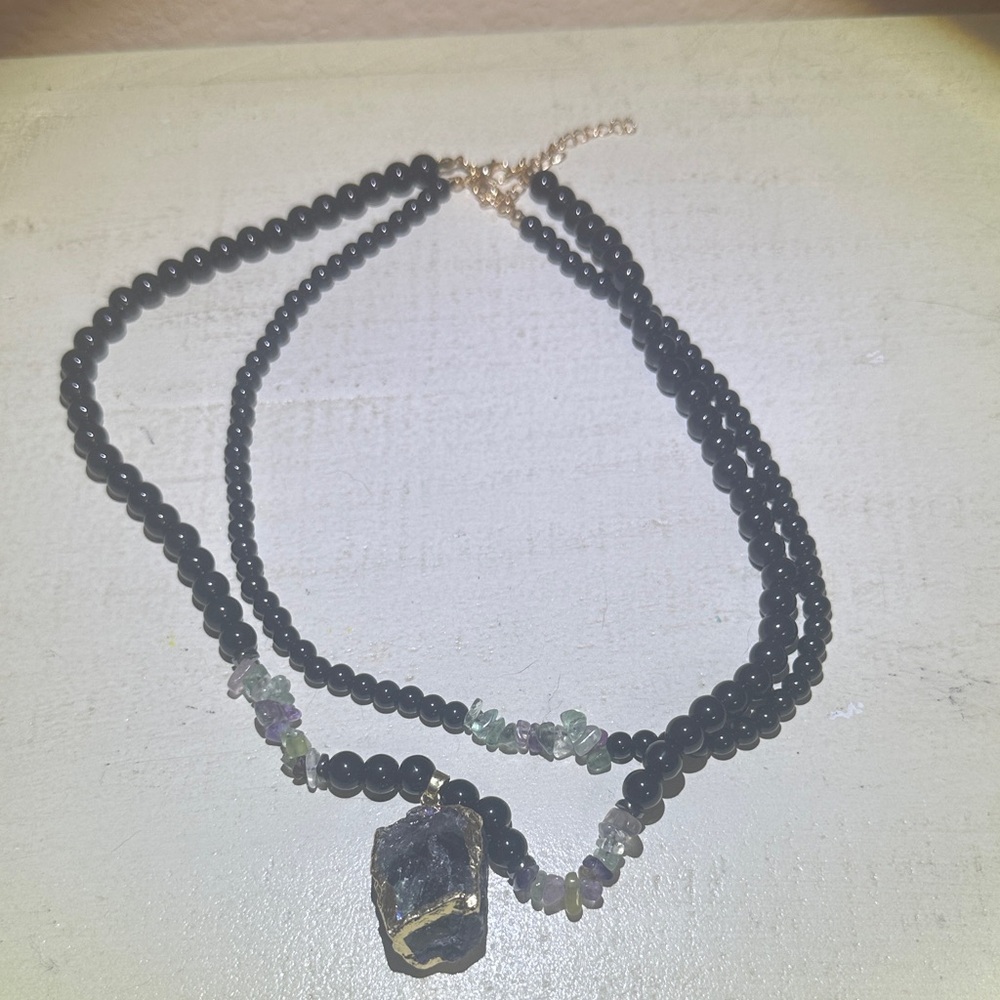 Double-Strand Obsidian and Fluorite Necklace with Raw Stone Pendant